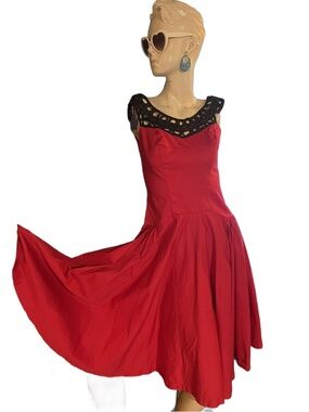 Unique Vintage Red Midi Dress with Black Crochet Yoke